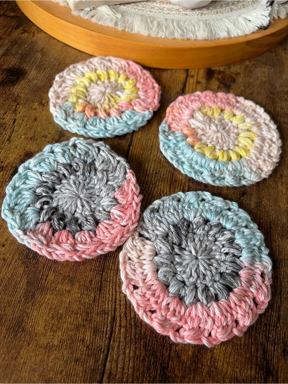 Hand Crafted Pastel Crochet Round Coasters in Pink, Blue, Gray, Cream